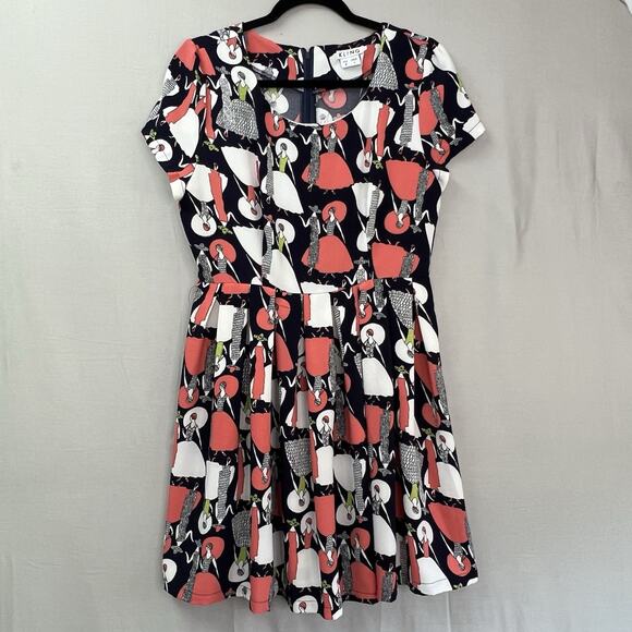 Modcloth Kling 1900s Lady Fashion Novelty Print Pleated Dress L (more like M) - Picture 1 of 11
